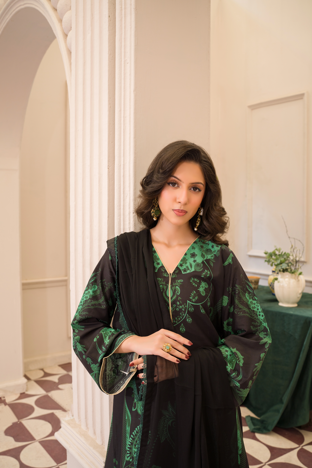 Rust Green & Black Printed Kaftan style long dress (3-Piece Stitched)