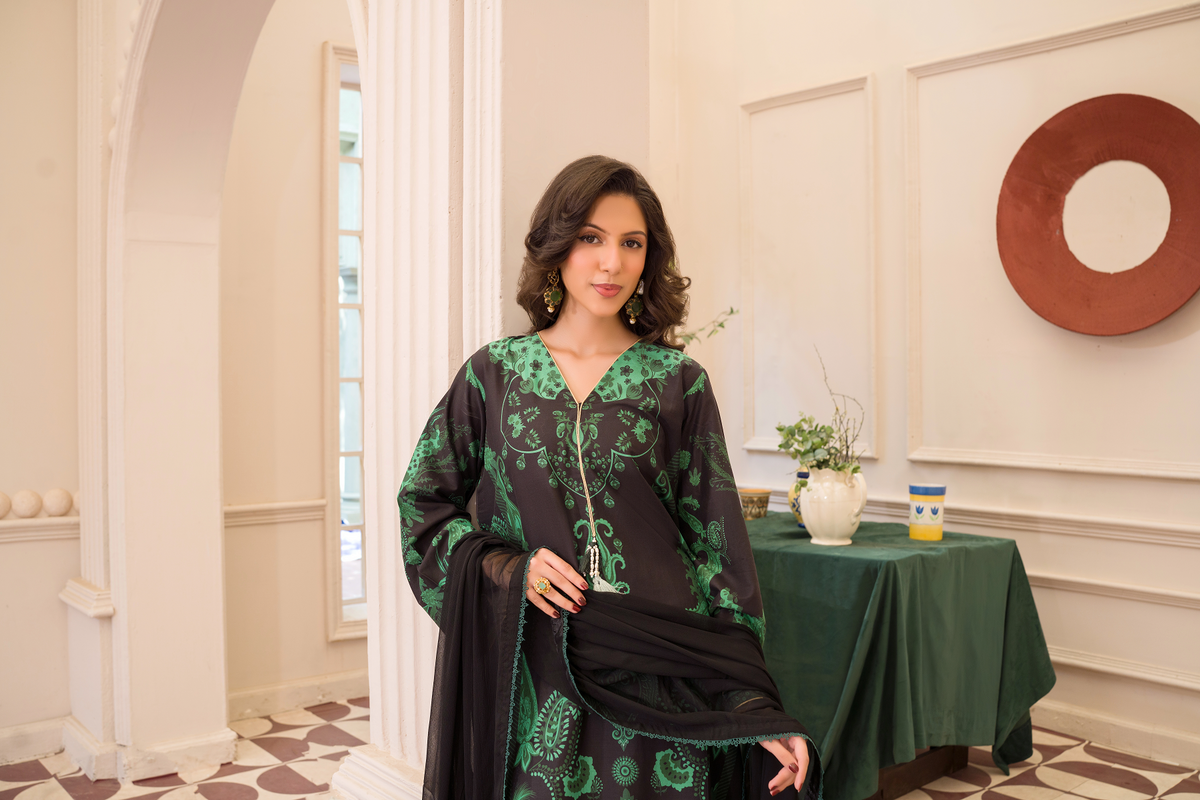 Rust Green & Black Printed Kaftan style long dress (3-Piece Stitched)