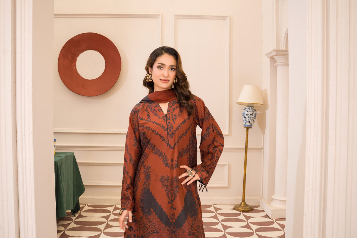 Caramel Dusk | 3-Piece Stitched Printed kaftan